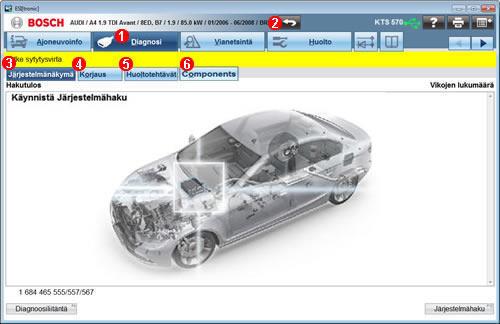 Diagnoosi (KTS 5xx / KTS 6xx) Anna tarkat tiedot ajoneuvoon asennetuista järjestelmistä niiden tunnistamista ja diagnoosia varten. Diagnoosin suorittaminen Diagnoosi. ESI[tronic] 2.