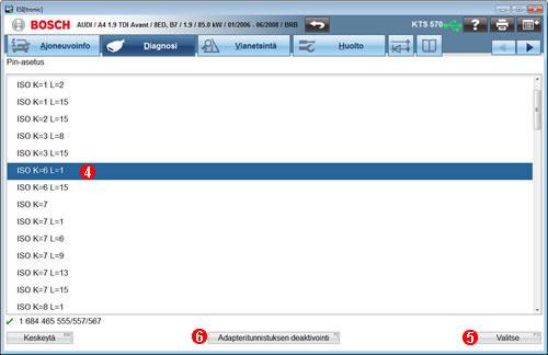 Diagnoosi PIN-valintojen muuttaminen Pin-valinnoilla voidaan muuttaa liitäntäjärjestystä K-johdon, L-johdon ja CAN-johdon välillä manuaalisesti.