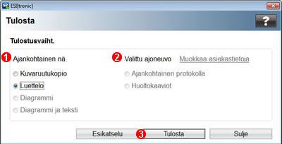 Tulostinasetukset Ajankohtainen kuvaruutunäkymä, tietyt osat siitä (esim. luettelot, diagrammit), ajankohtainen protokolla tai huoltokaaviot valitulle ajoneuvolle tulostetaan.