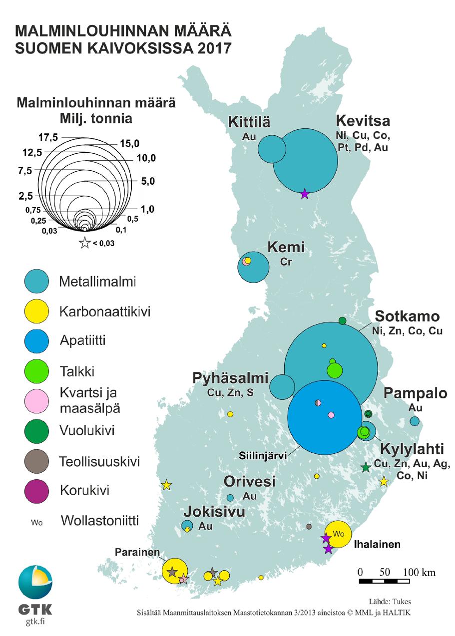 Taulukko 5: Metallimalmien ja sivukivien louhinta (t) Suomen metallimalmikaivoksissa vuosina 2011 2017. Lähde: Tukes.