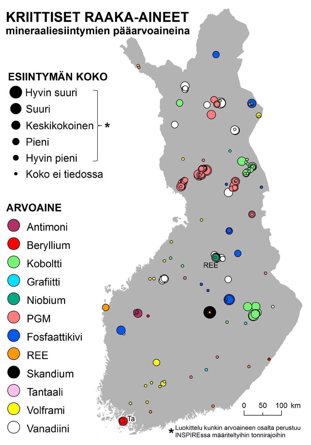 Kuva 29: Suomen mineraaliesiintymät, joissa jokin kriittinen raaka-aine esiintyy mineraaliesiintymän pääarvoaineena.