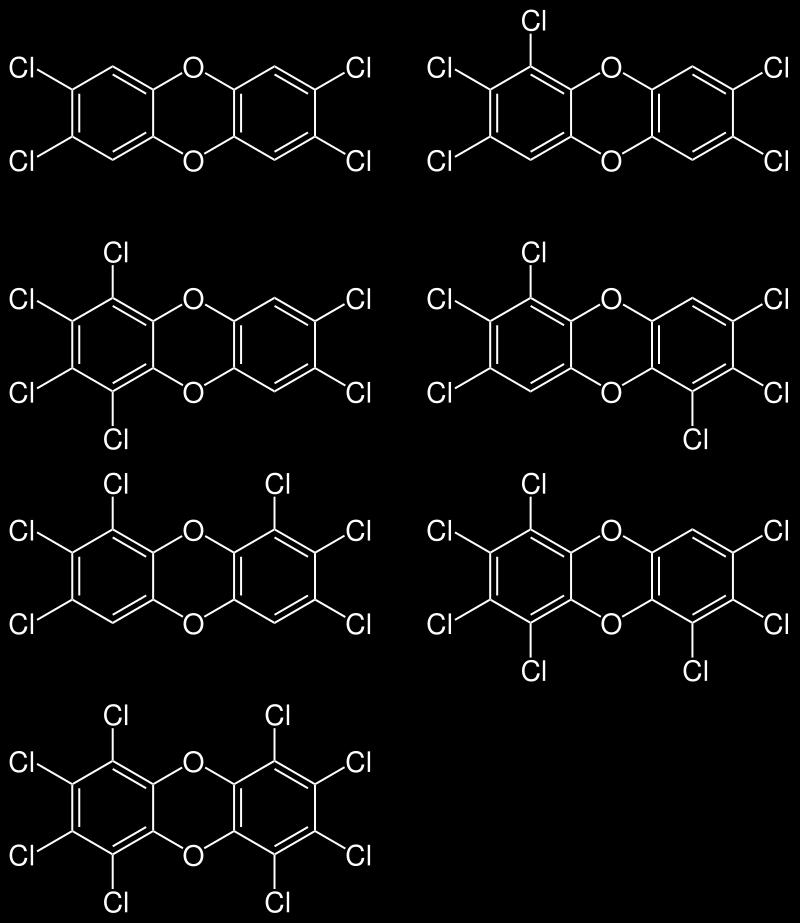 Dioksiinien suhteellinen toksisuus (TEF) Pienet rakenne-erot vaikuttavat toksisuuteen Polychlorinated dioxins 2,3,7,8-TCDD,