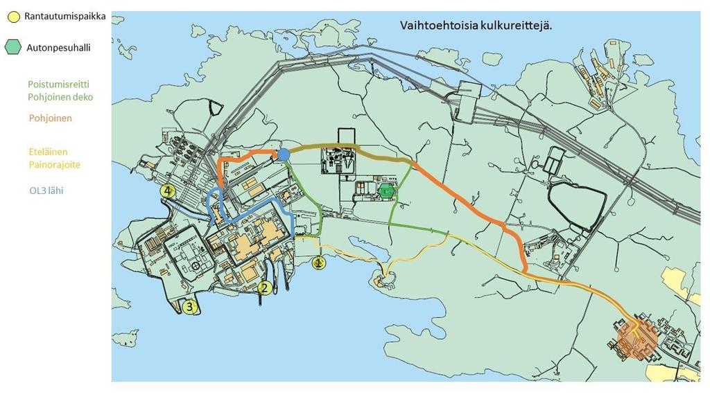 95 Kuva 22: Vaihtoehtoisia kulkureittejä laitosalueelle. Olkiluodon edustalla on myös helikopterikenttä.