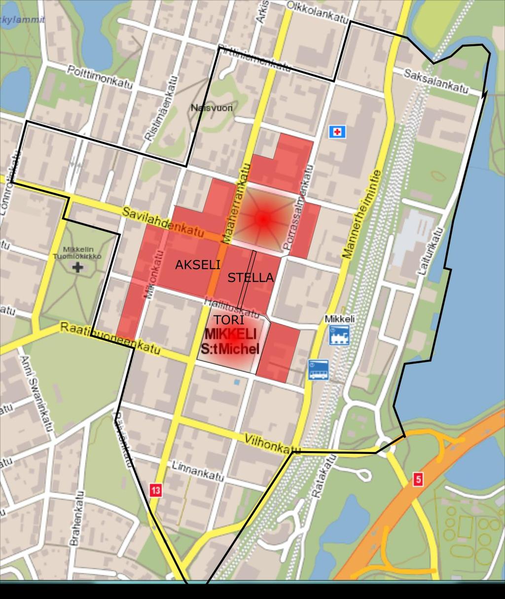 Mikkelin elävä keskusta-alue Mikkelin kuuma ydinkeskusta (yhtenäinen punainen alue) ja elävän keskusta (musta raja) rajaus tehty 01/2016 kartoituksen pohjalta.