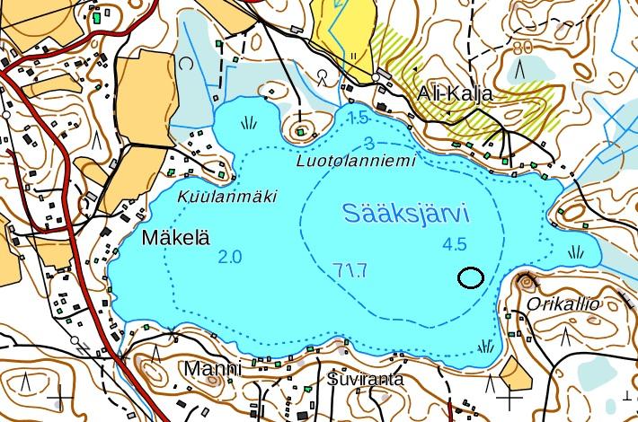 5. Tutkimustulokset 5.1 Sääksjärvi Pinta-ala 40 ha Suurin syvyys 4,6 m Keskisyvyys 2,2 m Rantaviiva 3,5 km Tilavuus 0,95 milj. m 3 Kuva 3. Sääksjärvi. Näytepaikka Itäosa 1 on merkitty karttaan ympyrällä.