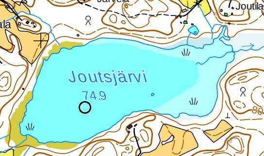 5.3. Joutsjärvi Pinta-ala 26 ha Suurin syvyys 1,8 m Keskisyvyys 1,1 m Rantaviiva 2,26 km Tilavuus 0,29 milj. m 3 Kuva 28. Joutsjärvi. Näytepaikka Joutsjärvi 1 on merkitty karttaan ympyrällä.