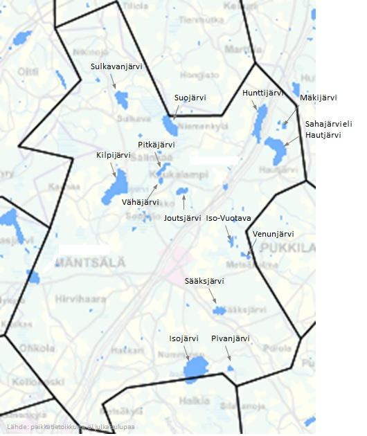 Kuva 1. Keski-Uudenmaan ympäristökeskuksen seurannassa mukana olevat Mäntsälän järvet. Taulukko 1.