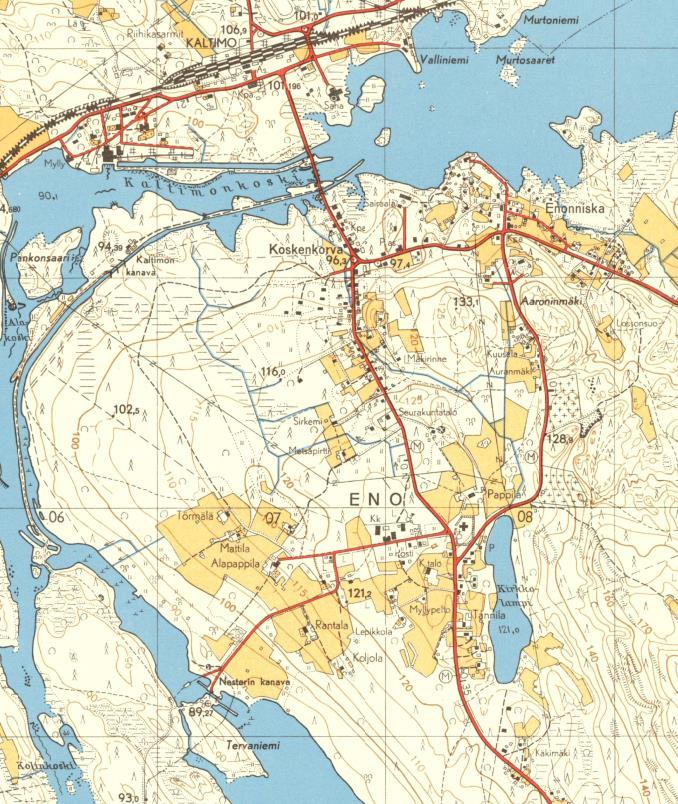 Kuva. Peruskartta vuodelta. Alueen katuverkko tukeutuu taajaman läpi johtaviin maanteihin, Eno- Joensuuntiehen, Enontiehen ja Luhtapohjantiehen.