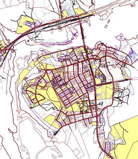 . SUUNNTTELUTLANNE Kuva. Kaupungin omistamat maat on merkitty vaalean keltaisella ja vuokraamat alueet vaalean violetilla.