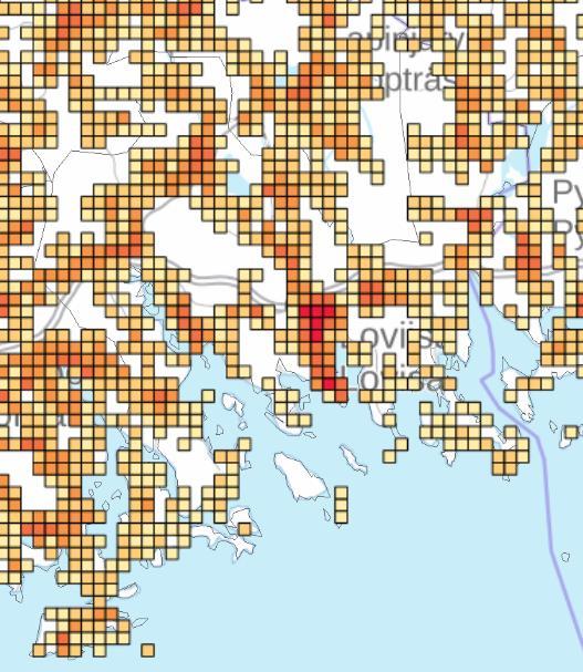 Väestöpohja ja työssäkäynti Väestöruutuaineisto 1 km x 1 km (2014) Mitä enemmän kartassa on tummia keskittymiä, sitä helpompi on järjestää toimivaa joukkoliikennettä Haja-asutus luo haasteita Jonkin
