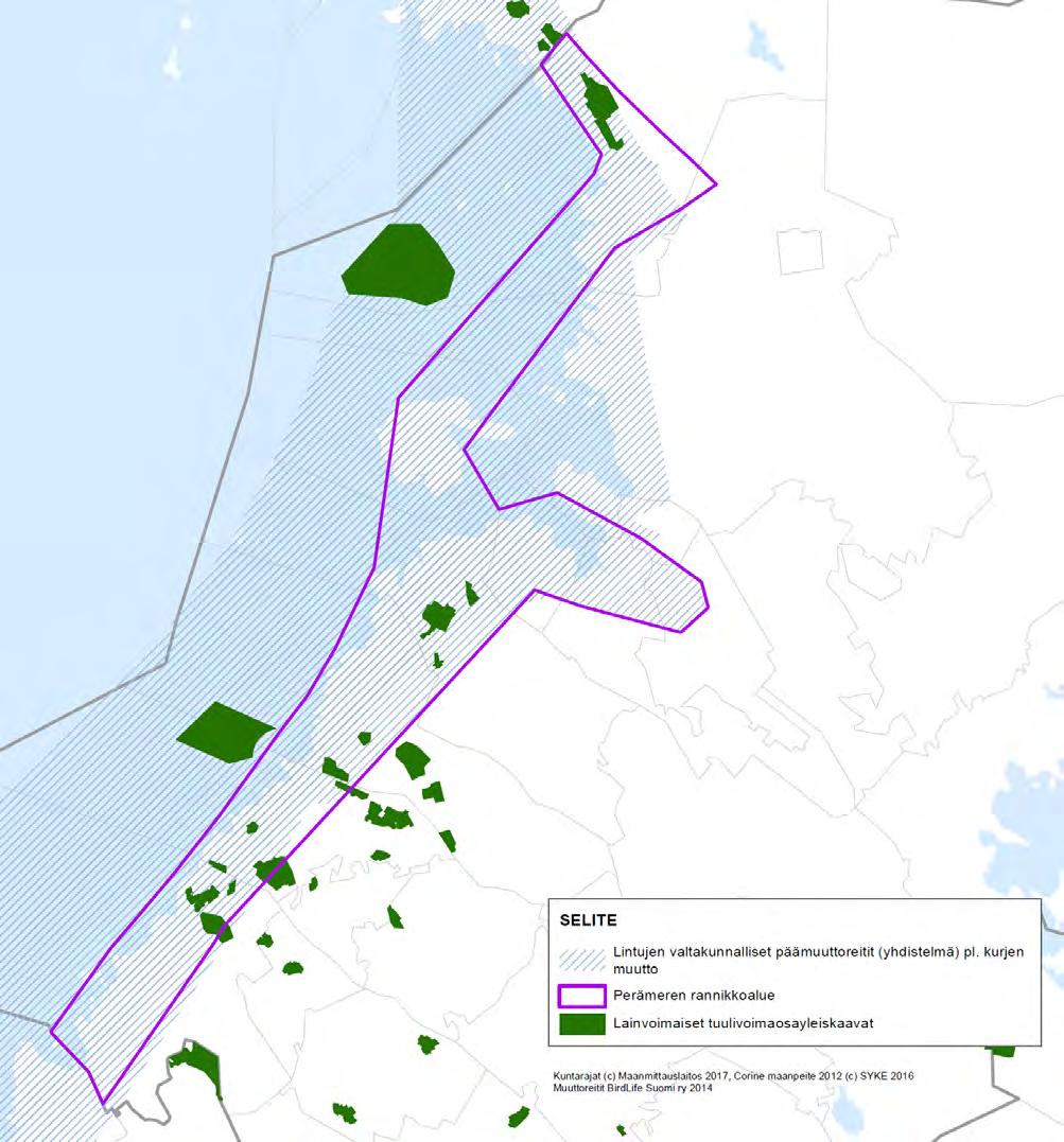 Kuva 33. Nykytilan tarkastelua. Lainvoimaisten tuulivoimayleiskaavojen sijoittuminen suhteessa Perämeren rannikkoalueeseen (Pohjois-Pohjanmaan 3.