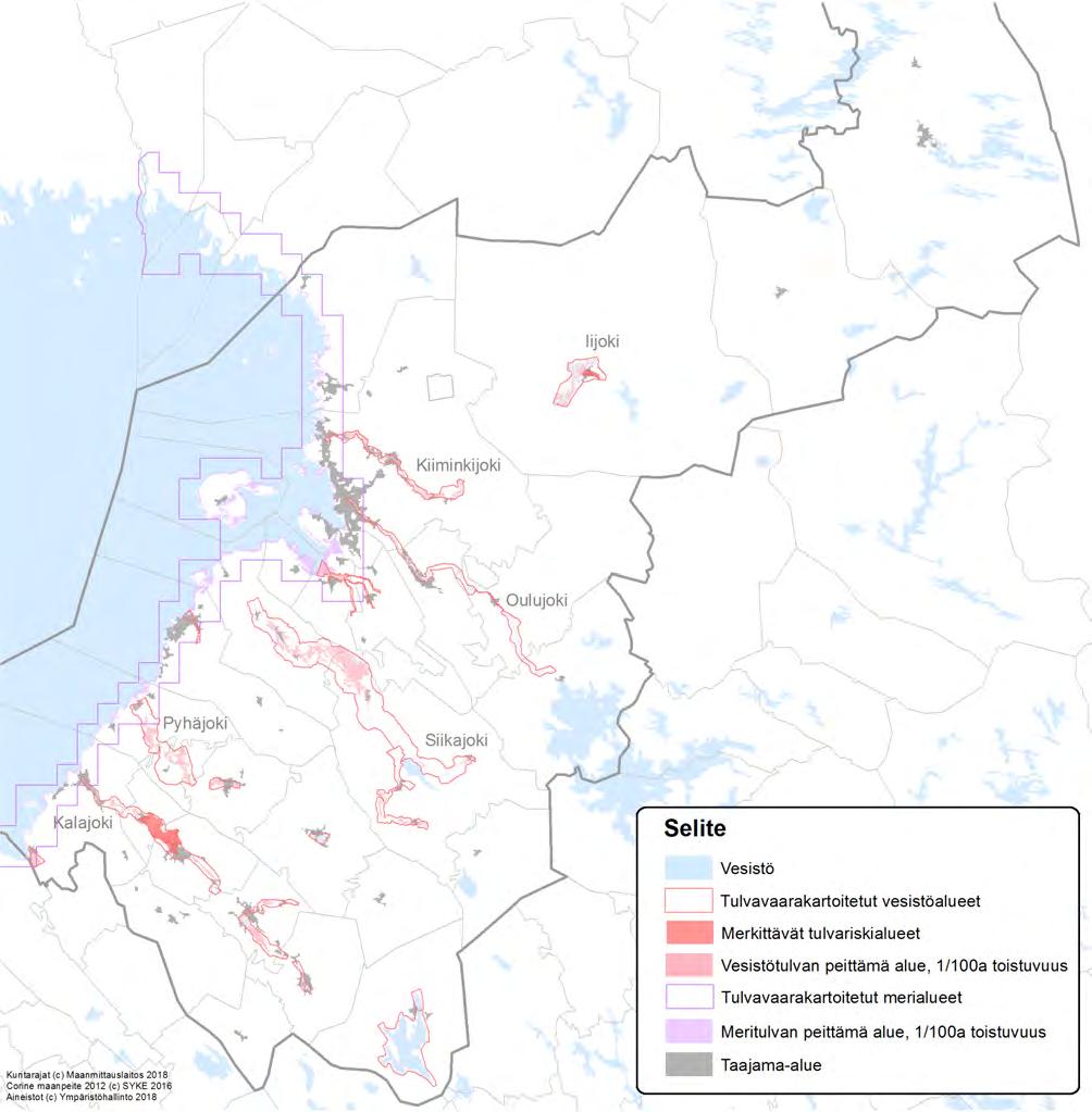 Kuva 19. Tulvavaarakartoitetut vesistö- ja merialueet Pohjois-Pohjanmaalla. Kaavan selvitykset ja tietopohja Tulviin varautuminen rakentamisessa, Ympäristöopas.
