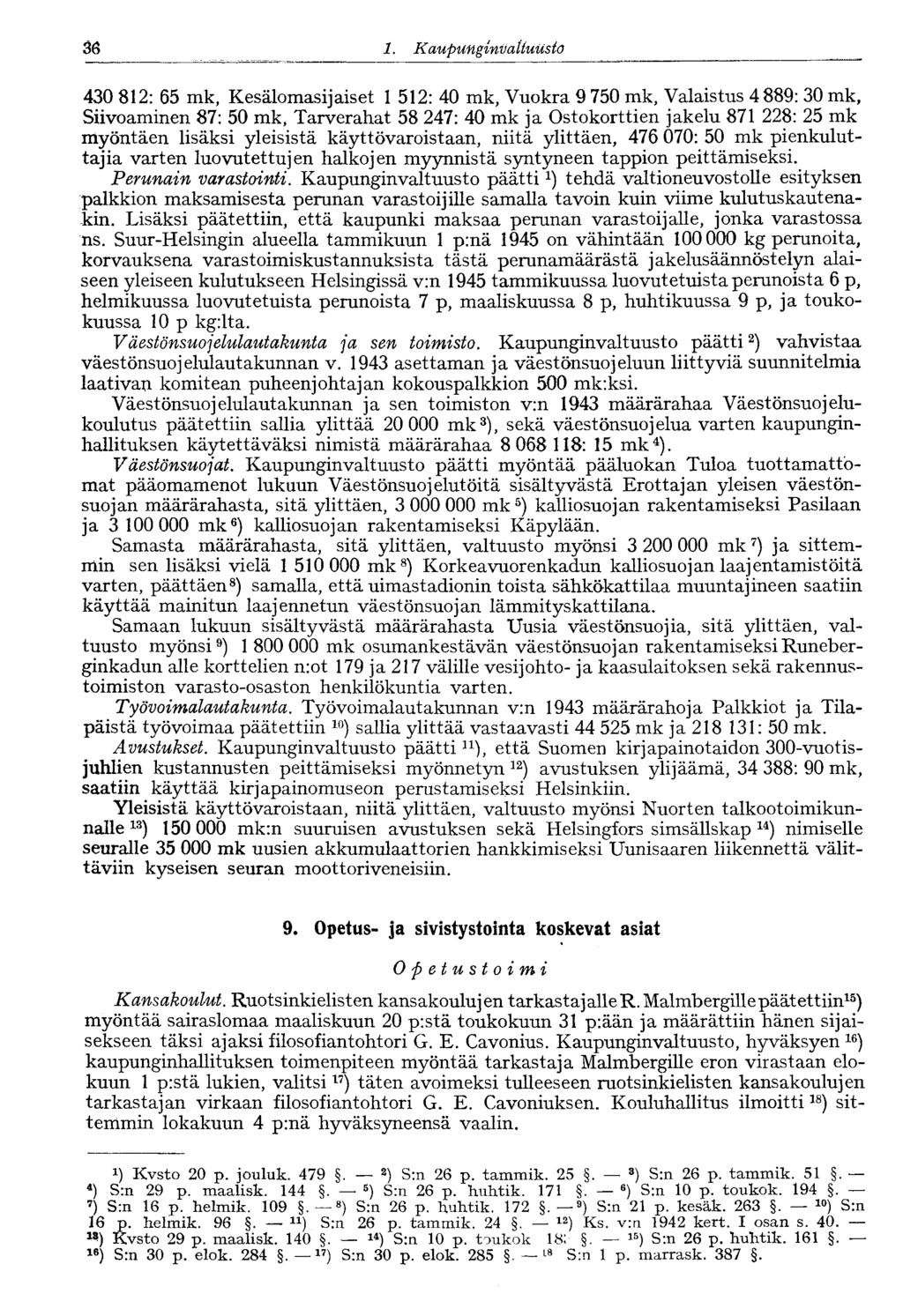 36 1. Kaupunginvaltuusto 36 430 812: 65 mk, Kesälomasijaiset 1 512: 40 mk, Vuokra 9 750 mk, Valaistus 4 889: 30 mk, Siivoaminen 87: 50 mk, Tarverahat 58 247: 40 mk ja Ostokorttien jakelu 871 228: 25