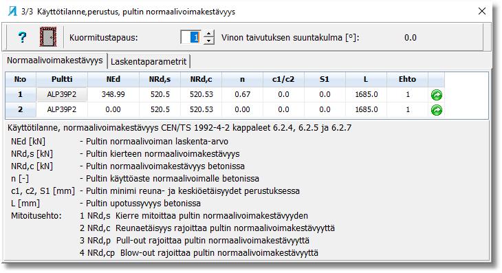 29 5.6.5 Peruspultin normaalivoimakestävyys Ohjelma tulostaa ikkunaan 3/3 kuormitustapauksittain peruspultin normaalivoimakestävyyden ja käyttöasteet.