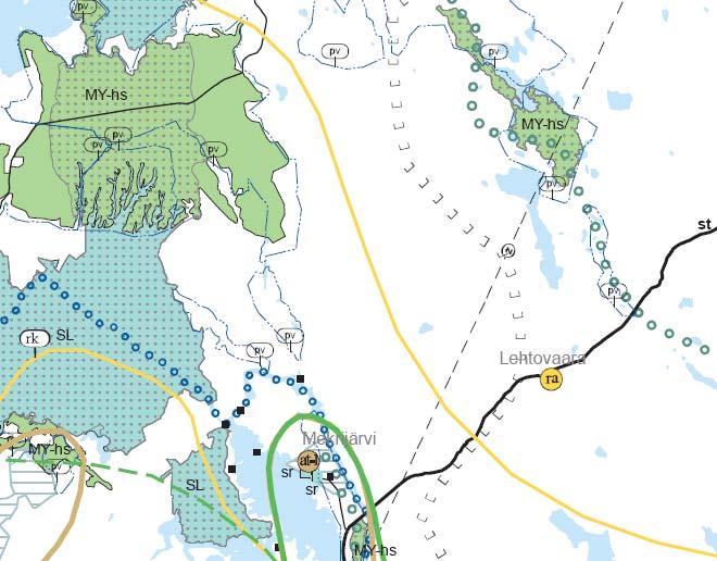 Kuva 5. Ote maakuntakaavasta (ei sisällä turvetuotantoaluevarauksia) Hankealueen kaakkoispuolella sijaitsee Lehtovaaran kylä (ra) jonka ympäristössä on harvakseltaan maatalousvalaista asutusta.