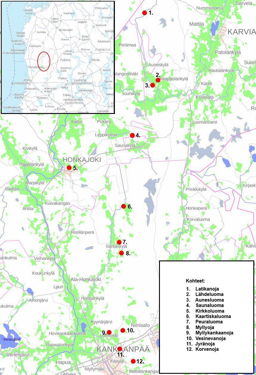 Kunnostukset Latikanoja, Lähdeluoma, Aunesluoma, Saunaluoma, Kirkkoluoma, Kaartiskaluoma, Peuraluoma, Myllyoja, Myllykankaanoja, Vesinevanoja, Jyränoja, Korvenoja, Kesällä 2016 aloitetettu