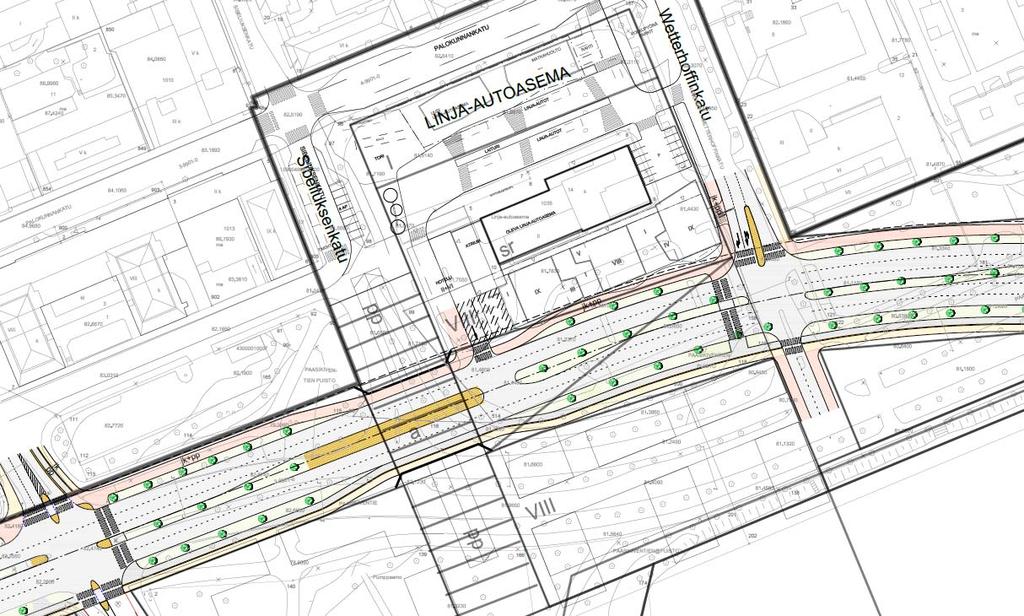 2 / 5 LA aseman tonttiliittymä Kuva 1. Linja autojen kiertosuunta vastapäivään linja autoasemalla vaihtoehdossa 1 (Nykytilakartta_A3_LAasema.pdf).