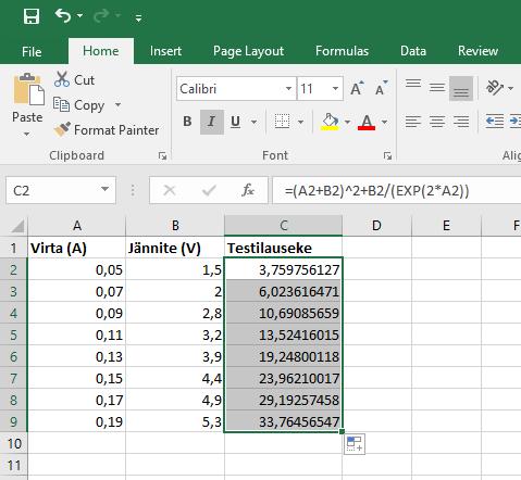 Kuva 3: Testidata kaavan kopioimisen ja liittämisen jälkeen.