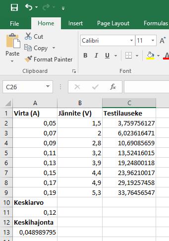 Kuva 6: Keskihajonnan laskeminen Muista lisäksi, että laboratoriotöissä käytettävän keskihajonnan lauseke on