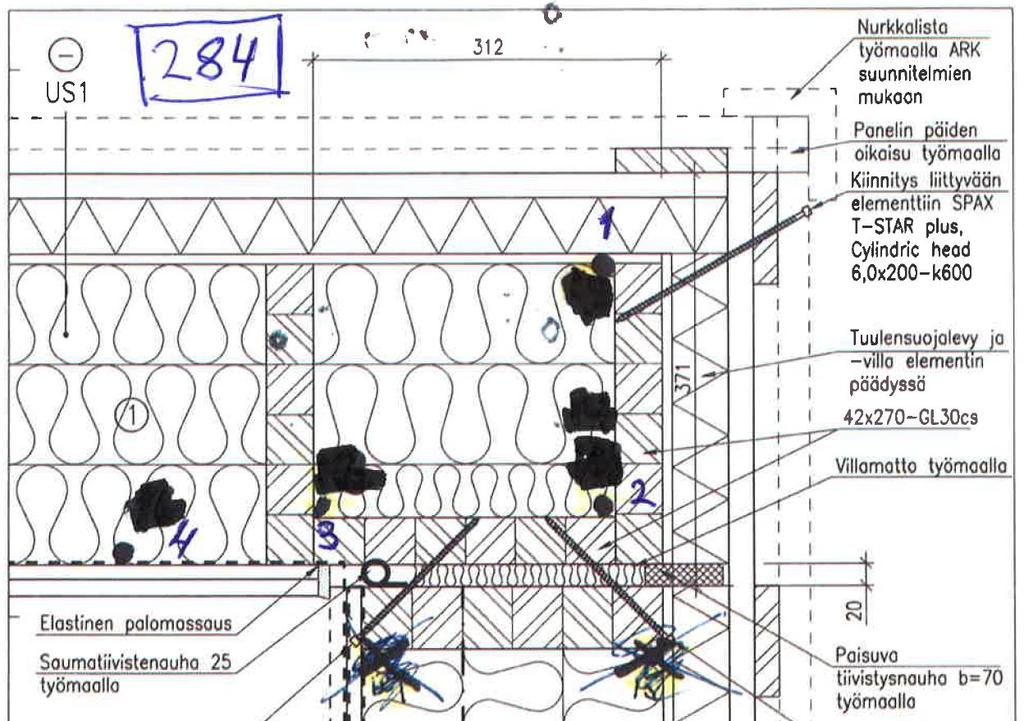 Mittauspiste M284 Ulkoseinäliitos ulkonurkassa (vaakaleikkaus) M284-1 nurkkaliitoksen ulkokulmassa runkotolpan ja tuulensuojaeristeen ja -levyn sisäpuolella M284-2 nurkkaliitoksen runkotolpan ja