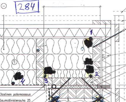 Absoluuttinen kosteus, g vettä/kg kuivaa ilmaa Väliseinän liittymä ulkoseinään, absoluuttisen kosteuden kuukausikeskiarvot 12 11 Moduuli 284 seinäliitos ulkonurkassa 10 9 8 7 6 5 4 3 2 1 0 M284-1