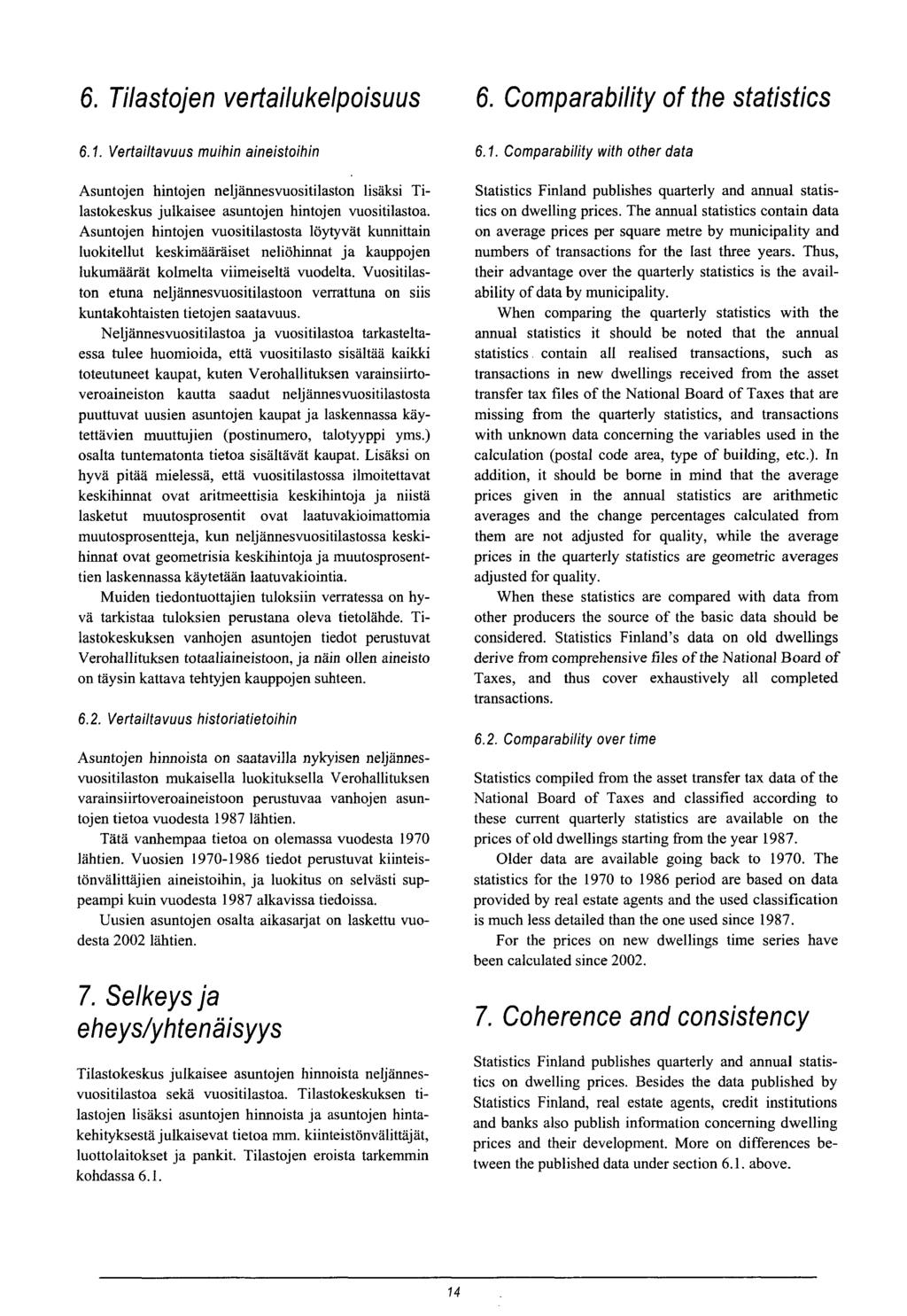 6. Tilastojen vertailukelpoisuus 6. Comparability of the statistics 6.1.