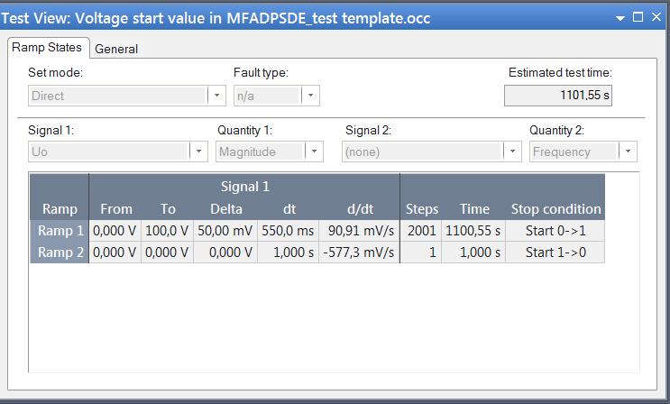 Testing MFADPSDE with Omicron Testing guideline for secondary testing 1MRS758886 EN Figure 4. Ramp 1 settings. Figure 5. Voltage ramp-up during test.