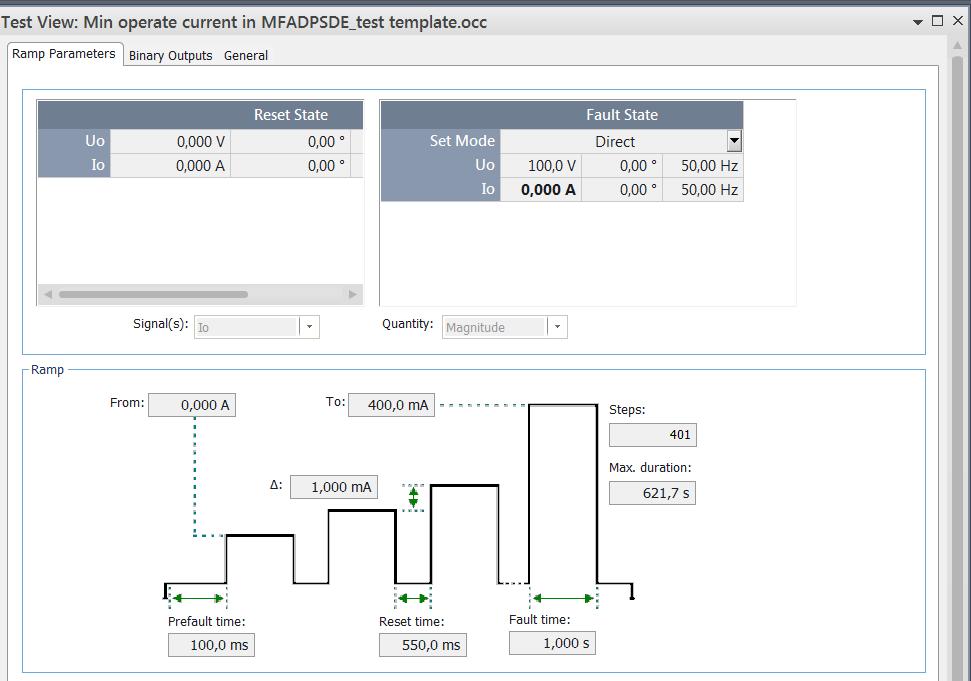 Testing MFADPSDE with Omicron Testing guideline for secondary testing 1MRS758886 EN Figure 8. Current ramp settings. Figure 9. Test result.