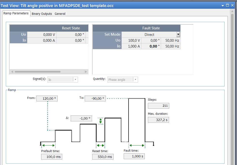 Testing MFADPSDE with Omicron Testing guideline for secondary testing 1MRS758886 EN Figure 11 shows pulse ramp settings, start from 120 to -90 deg. with step-up angle -1 deg.