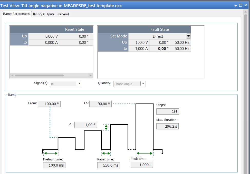 Testing MFADPSDE with Omicron Testing guideline for secondary testing 1MRS758886 EN Figure 13. Angle ramp settings. Figure 14.