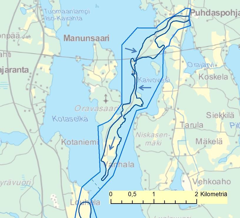 Pohjavesialue voi rajoittua myös vesialueeseen (kuvat 4 ja 5). Tällöin pohjavesialueen raja tulee ulottaa vesialueelle rannan välittömään läheisyyteen.