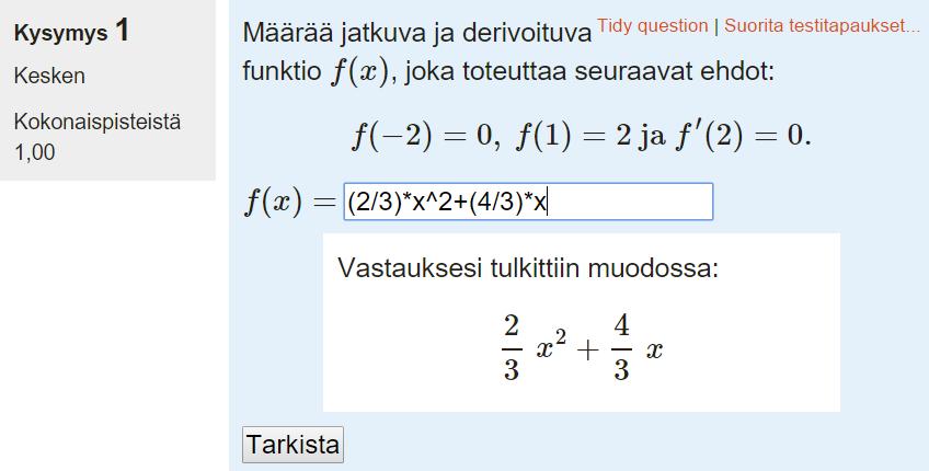 OPPAAN KÄYTTÄMINEN Tämän oppaan tarkoitus on antaa opiskelijoille riittävät valmiudet STACK-tehtävien vastausten syöttämiseen ja järjestelmän rajoitteiden ymmärtämiseen.