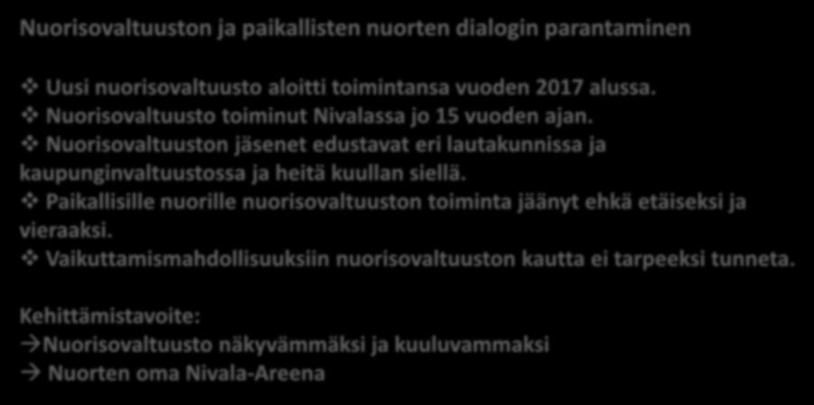 1. NUORISOVALTUUSTO Nuorisovaltuuston ja paikallisten nuorten dialogin parantaminen Uusi nuorisovaltuusto aloitti toimintansa vuoden 2017 alussa. Nuorisovaltuusto toiminut Nivalassa jo 15 vuoden ajan.