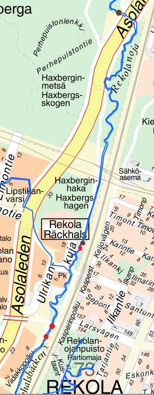 Kartta 6. Rekolan alueen huolletut soraikot (punaisella). Vantaan merkittävänä ja verrattain pitkänä purona Rekolanoja työllisti purotalkkareita.