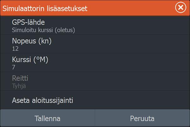 Nopeus ja kurssi Käytetään arvojen syöttämiseen manuaalisesti, kun GPS-lähteen asetuksena on Simuloitu kurssi.