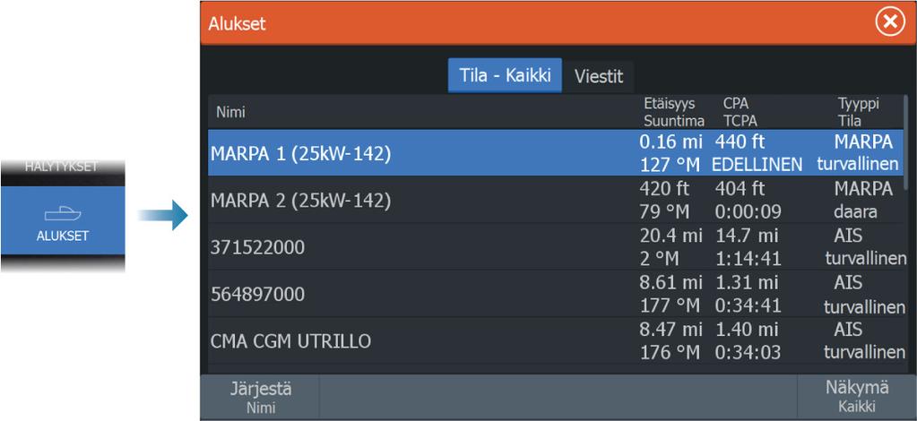 Alukset-valintaikkuna Alukset-valintaikkunassa näkyy luettelo kaikista AIS- ja MARPAkohteista.