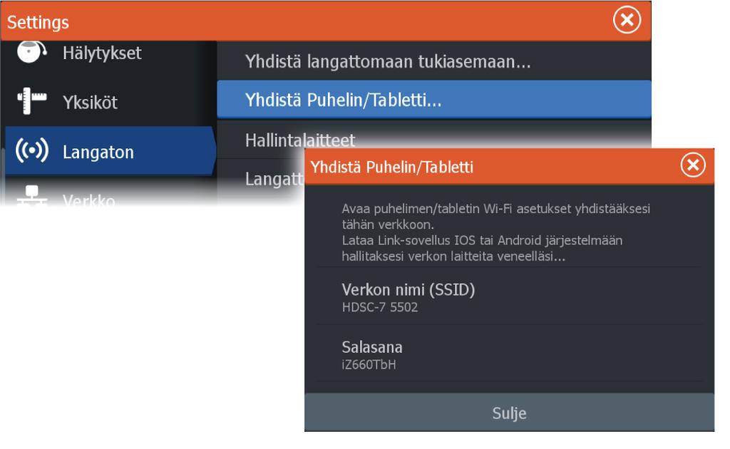 Monitoiminäytön verkon nimi (SSID) näkyy puhelimessa/tabletissa käytettävissä olevana verkkona.