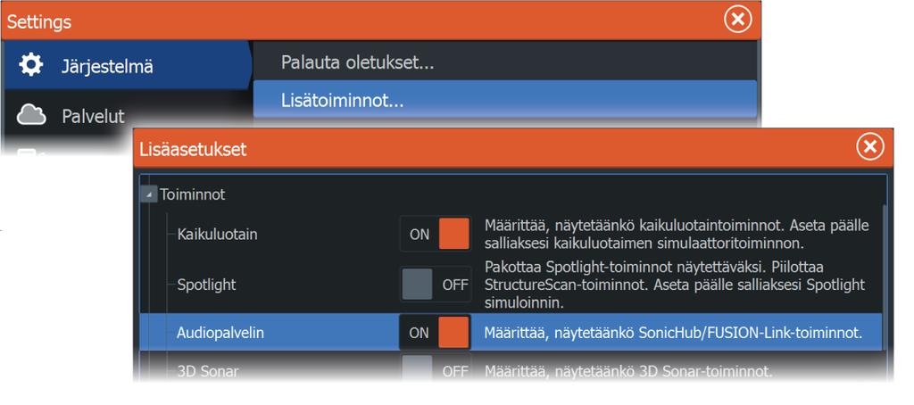 Ominaisuuksien ottaminen käyttöön ja niiden poistaminen käytöstä Järjestelmän pitäisi automaattisesti tunnistaa yhteensopiva, NMEA