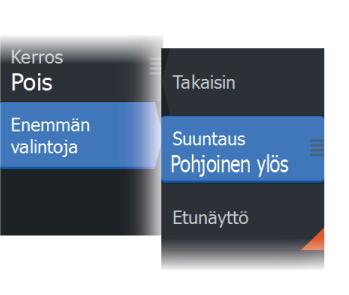 Kurssi ylös Kartan suunta määräytyy sen mukaan, navigoidaanko vai ei. Navigointi käynnissä: halutun kurssin linja (B) on ylhäällä.