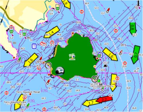 Dynaamisia virtaustietoja voidaan tarkastella lähentämällä yhden meripeninkulman suuruisen zoomausalueen sisään.
