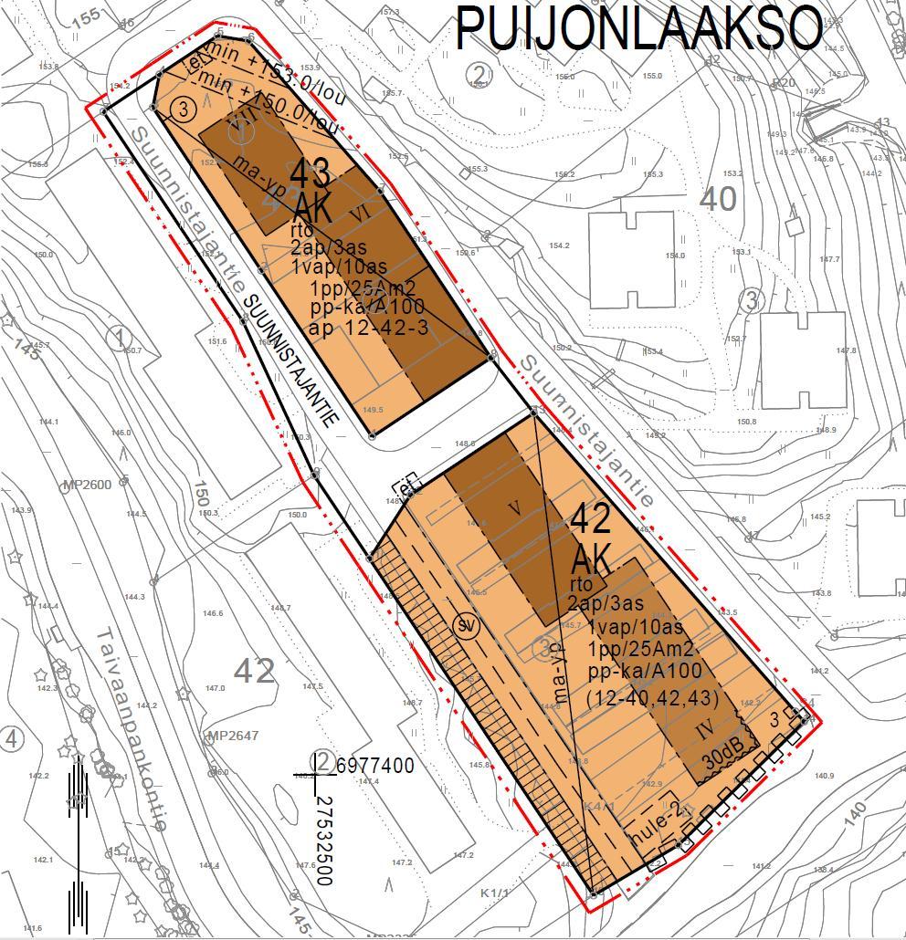 RAJALAN AITTA, PUIJONLAAKSO 12-43 16 pohjoispäätyyn tai pihakannen alle. Pohjoisosan rakentamista on rajoitettu kallioväestönsuojan kalliokattovaatimuksen vuoksi.