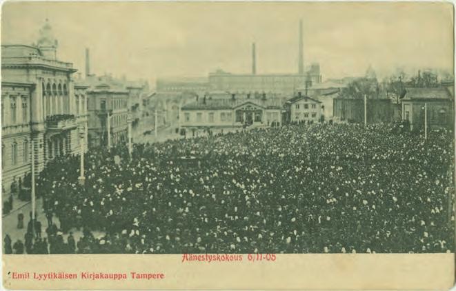 Kortti 1. Yleislakkoa koskeva äänestyskokous Kauppatorilla 6.11.1905. Väkeä enemmän kuin Tapparan kultajuhlissa vuonna 2017. Kortti 2.