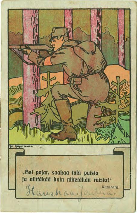 Kortti 12. Kalevankankaan kiirastorstai oli suurten miestappioiden päivä. Vanhempi männikkö ei kelpaa sahatavaraksi, sillä joka puussa on molemmin puolin luoteja monen metrin korkeuteen. Kortti 13.