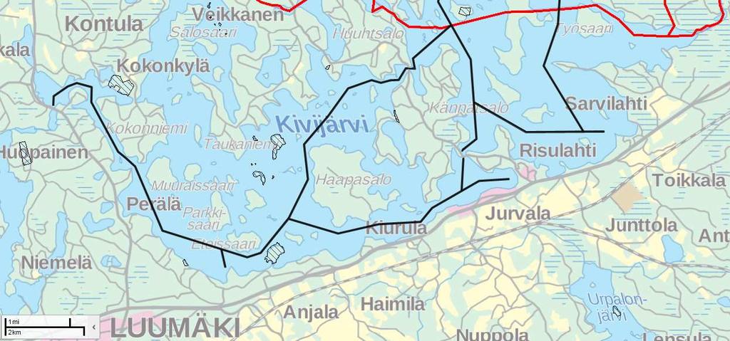 kuuluva suojelualue. Alueet on esitetty kuvassa Kuva 10. 8 9 1 5 4 7 6 2 3 Kuva 10. Luonnonsuojelualueiden sijoittuminen Kivijärveen perustettavien yleisten paikallisväylien läheisyydessä.