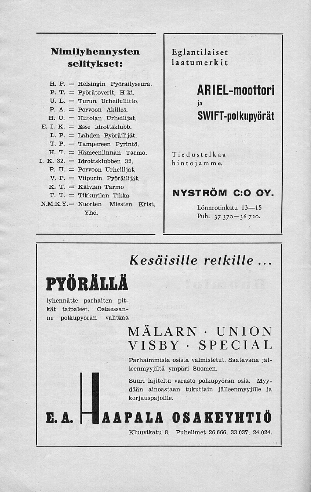 Nimilyhennysten selitykset: Eglantilaiset laatumerkit H. P. = Helsingin Pyöräilyseura. = P. T. Pyörätoverit, H:ki. ARIEL-moottori U. L. = Turun Urheiluliitto. P. A. = Porvoon Akilles. = H. U. Hiitolan Urheilijat.