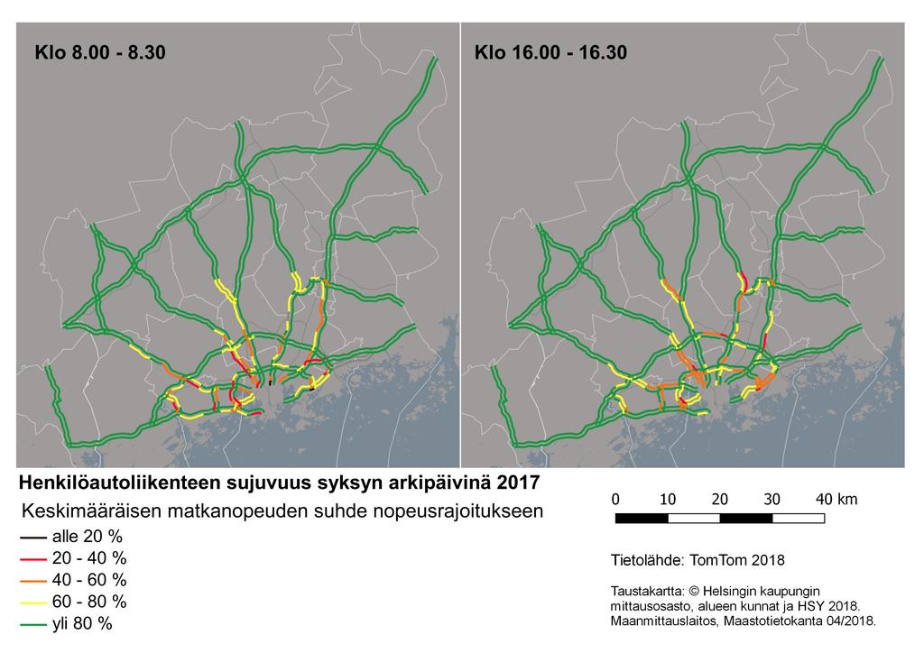 13 Kuva 6. Henkilöautoliikenteen sujuvuus TomTom-aineiston mukaan syksyn arkipäivänä 2017.