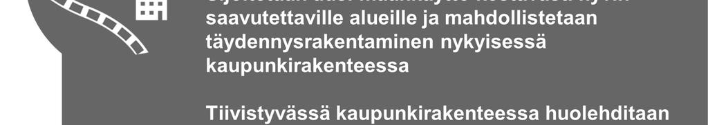 Yhteiseksi linjaukseksi on valittu kasvun ohjaaminen nykyiseen kaupunkirakenteeseen ja erityisesti alueille, joilla joukkoliikenne on kilpailukykyinen vaihtoehto henkilöautolle.