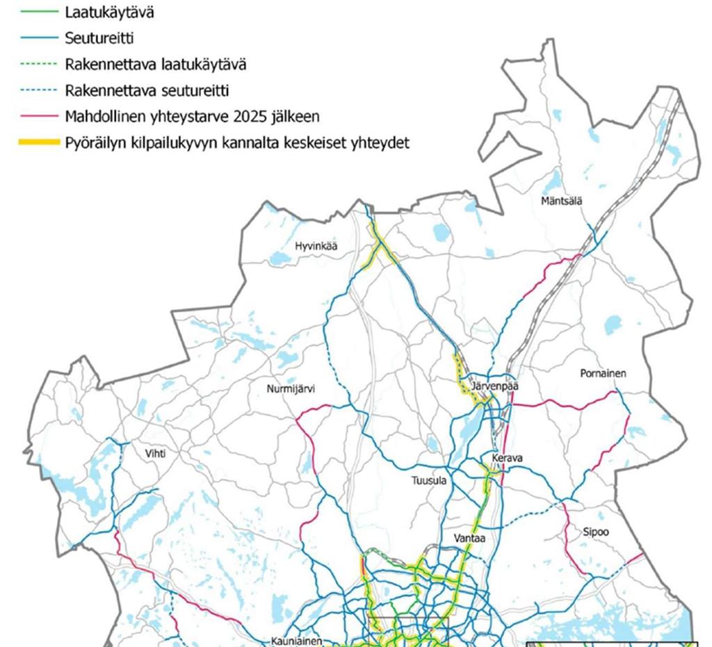 38 Kuva 20. Helsingin seudun keskeiset pyöräliikenteen yhteydet (2014).