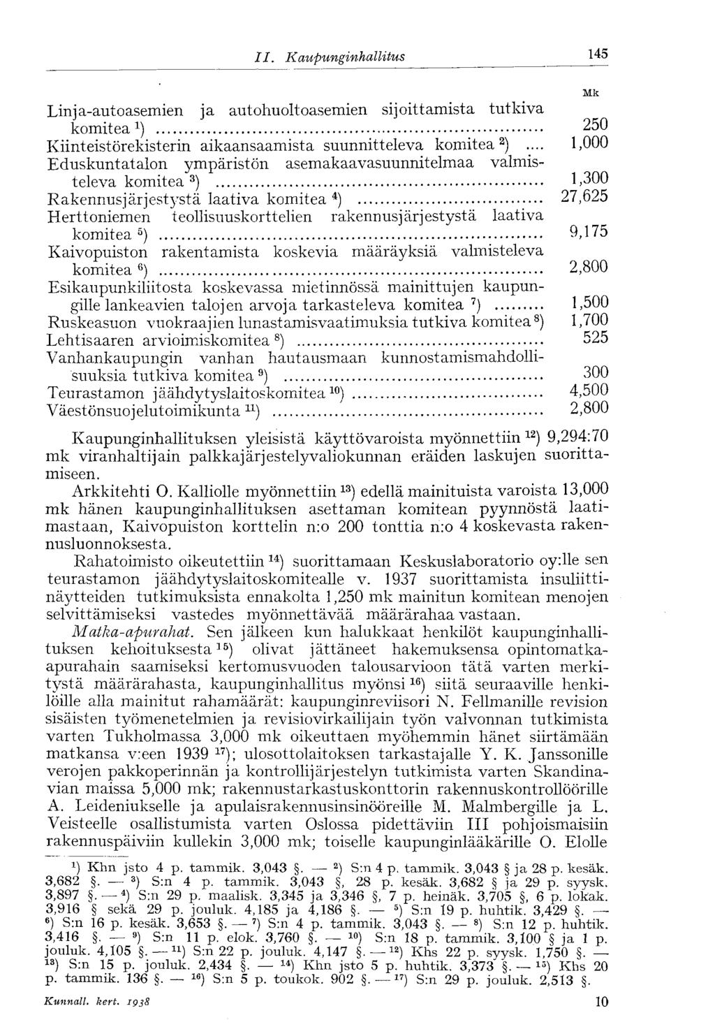 II. Kaupunginhallitus 145 Linja-autoasemien ja autohuoltoasemien sijoittamista tutkiva komitea 250 Kiinteistörekisterin aikaansaamista suunnitteleva komitea 2 ).