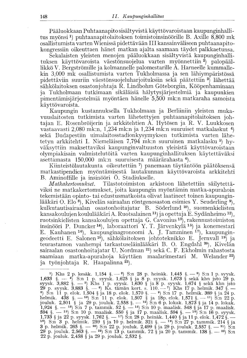 148 II. Kaupunginhallitus' Pääluokkaan Puhtaanapito sisältyvistä käyttövaroistaan kaupunginhallitus myönsi 1 ) puhtaanapitolaitoksen toimistoinsinöörille B.